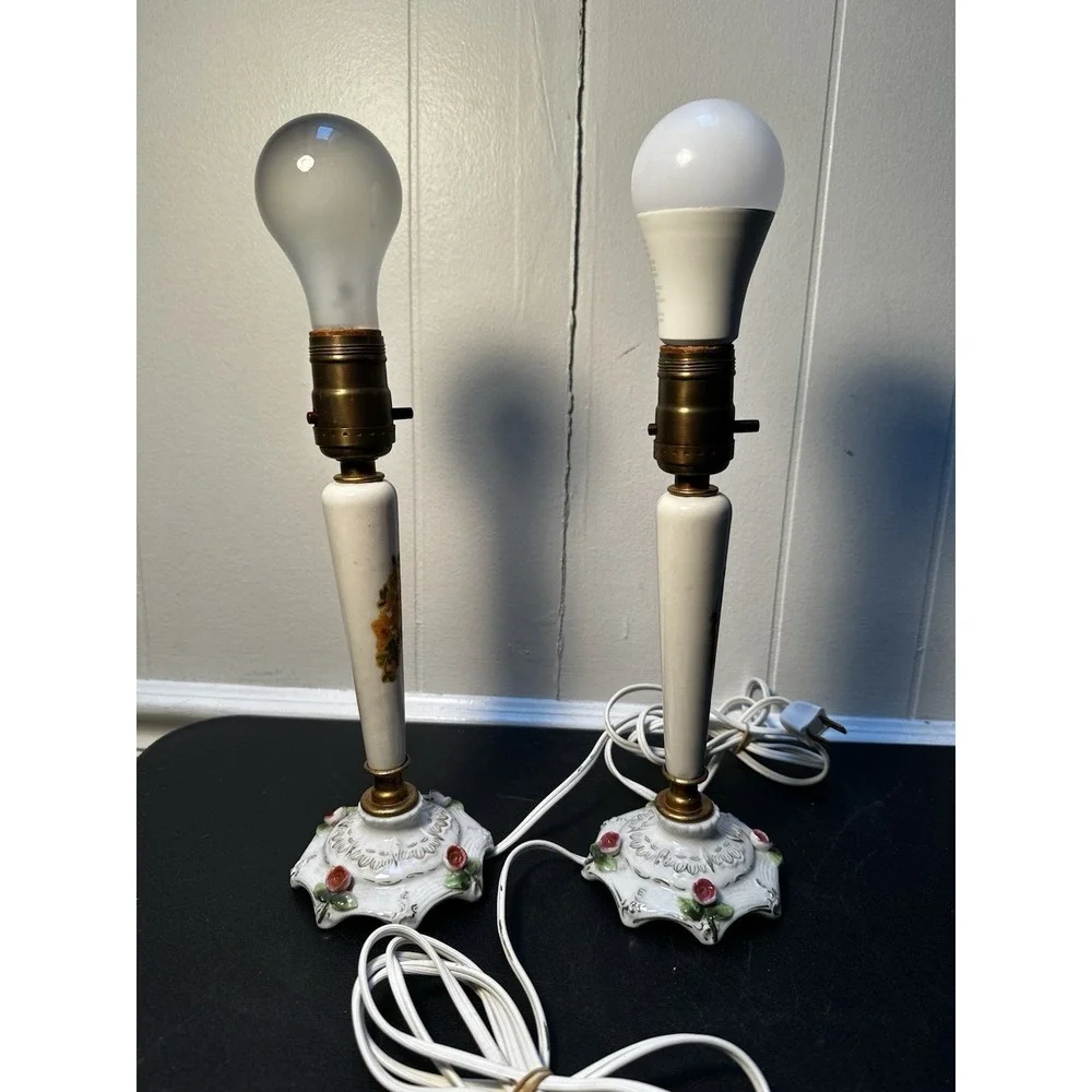 Vintage Porcelain Boudoir Table Lamps Floral Rose Gold Accent Pair Working
